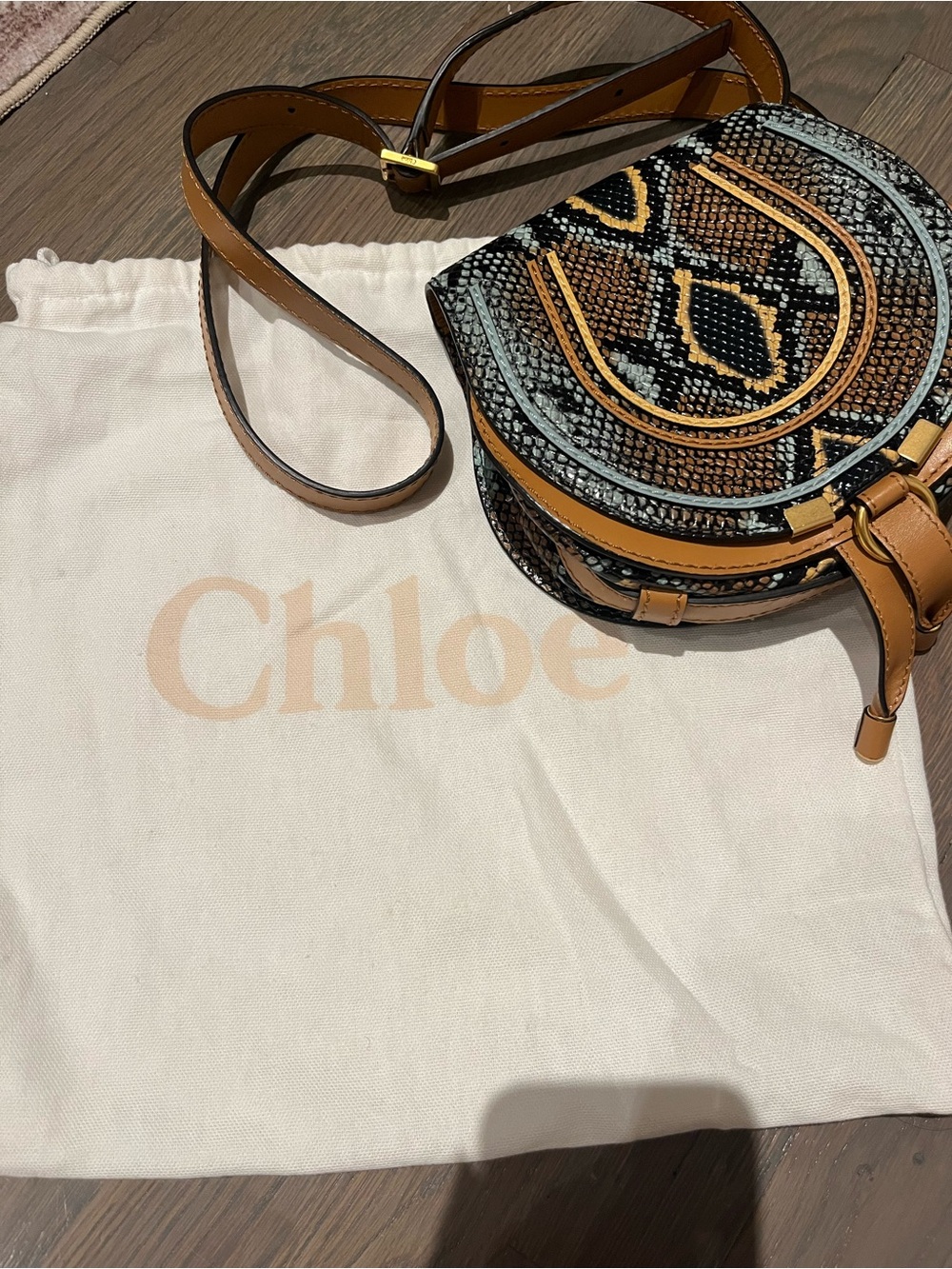 Chloe Marcie Small Saddle Bag- Multicolor Python Print Embossed Leather